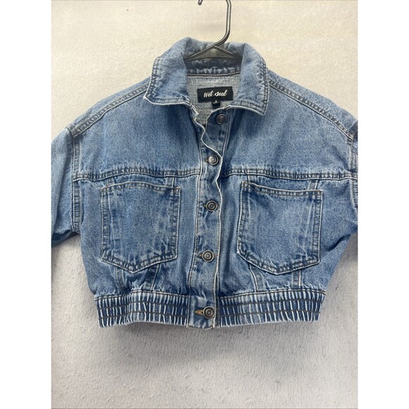 Wet Seal Blue Denim Button Front Cropped Jean Jacket S Stretch Waist Vintage Y2K - Picture 3 of 8